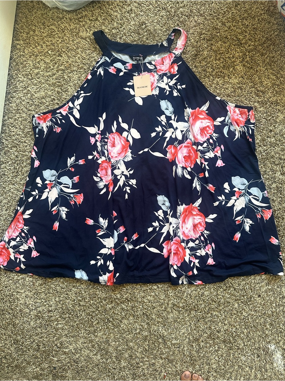 BloomChic Navy Floral Halter Tank with Pink Roses
